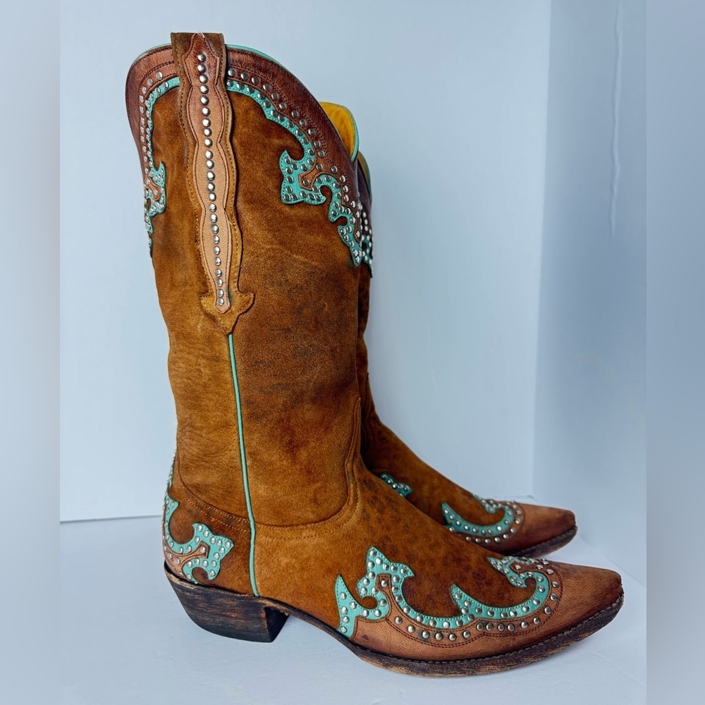 Old Gringo Western Tan and Turquoise Leather Cowboy Boots Size 9B - Picture 3 of 15